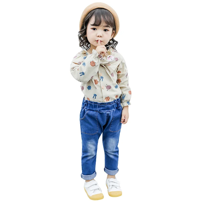 Autumn Children Baby Girls Casual Long Sleeve Floral Print Blouse Tops+Denim Pants Trouser Costume Set For Brazil VIP