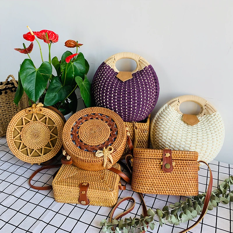  Round Women's Summer Beach Straw Bags Handmade Woven Small Rattan Circle Cross Body Shoulder Bohemi - 4000049320337