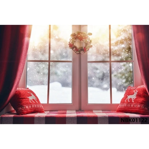 Рождественский фон с изображением окна занавески с рисунком деревьев Подушка Зимний снег детский портретный фон Виниловый фон для студийной фотосъемки - Цвет: NBK01122