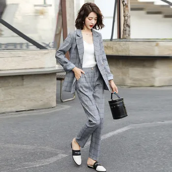 

Womens Suits Set 2 Pieces Grid Suit Woman Autumn Double-breasted Korean Version Fashionable Casual Professional Suit Two-piece