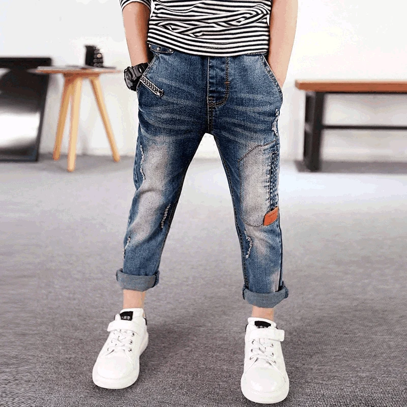 TK8802 blue Kids Jeans for Boys Fashion Splice Denim Trousers Children Broken Hole Jeans Autumn Winter Casual Costume Wear Long Pants - Цвет: TK8802 blue