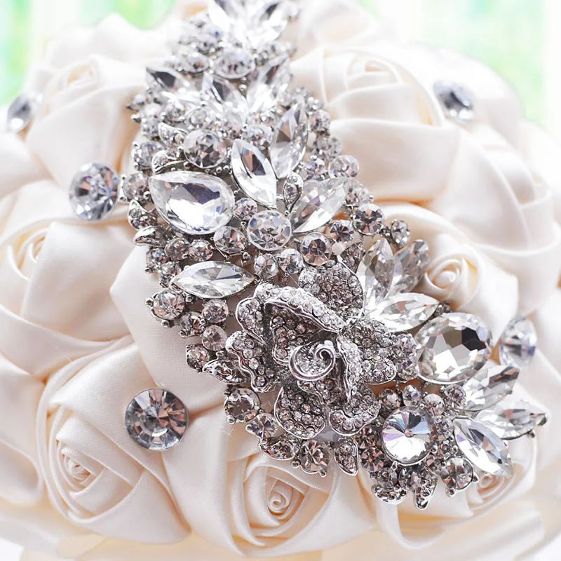 Crystal Wedding Bouquet Brooch Beaded Bridesmaid Artificial Rose Handmade Rhinestones Bridal Holding Flowers