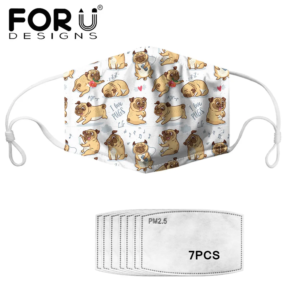 

FORUDESIGNS Cute Funny Pug Pupies Print Dustproof Mouth Cover Mask With 7 Filters PM2.5 Activated Carbon Adsorption Filter Mask