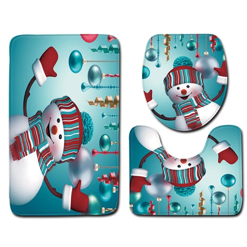  3 pieces/Set Cartoon Christmas Snowman Pattern Soft Anti-silp Bath Mat Flannel Contour Rug Lid Toil