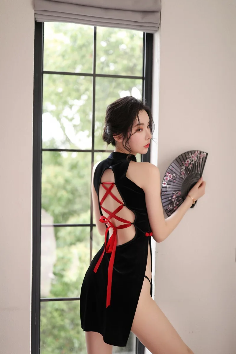 Модная женская сексуальная черная Пижама Cheongsam, женская красная бандажная открытая ночная рубашка, удобная облегающая ночная рубашка, один размер - Цвет: Черный
