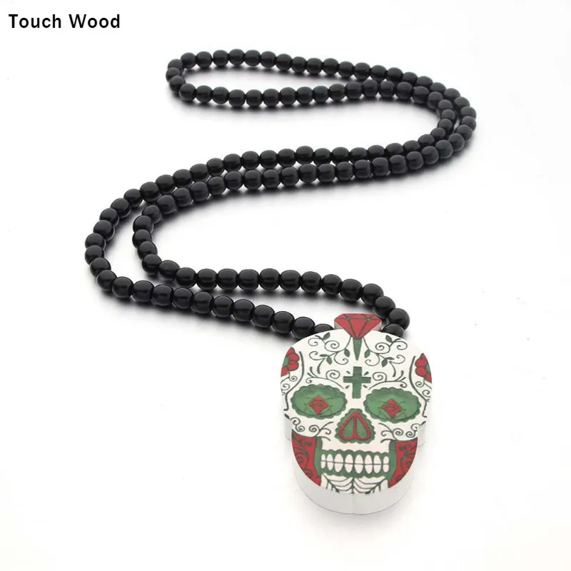 

Wooden bead necklace / Color printing skull necklace hip hop jewelry / wholesale dropshipping