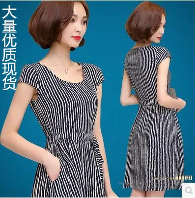 

Large Size Women's Dress 2018 Summer Wear New Style Korean-style Slim Fit Short Sleeve Striped Dress Mid-length