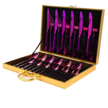

Stainless Steel Western Tableware Set of 24 Pieces Wooden Box Stainless Steel Tableware Set for 6 People Steak Knife Fork Spoon