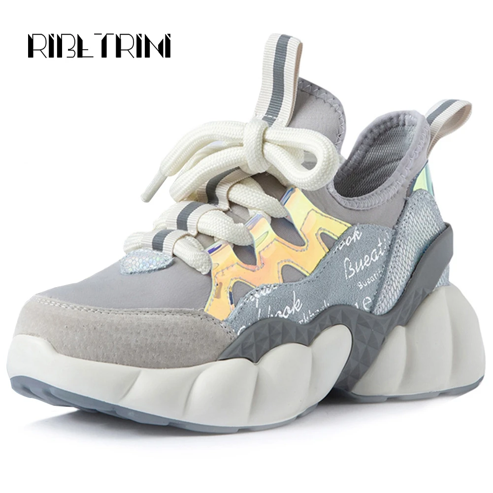 

RIBETRINI Genuine Leather Dad Shoes 2019 Women Thick Bottom Heels Platform Shoess Woman Spring Autumn Casual Outdoor Sneakers