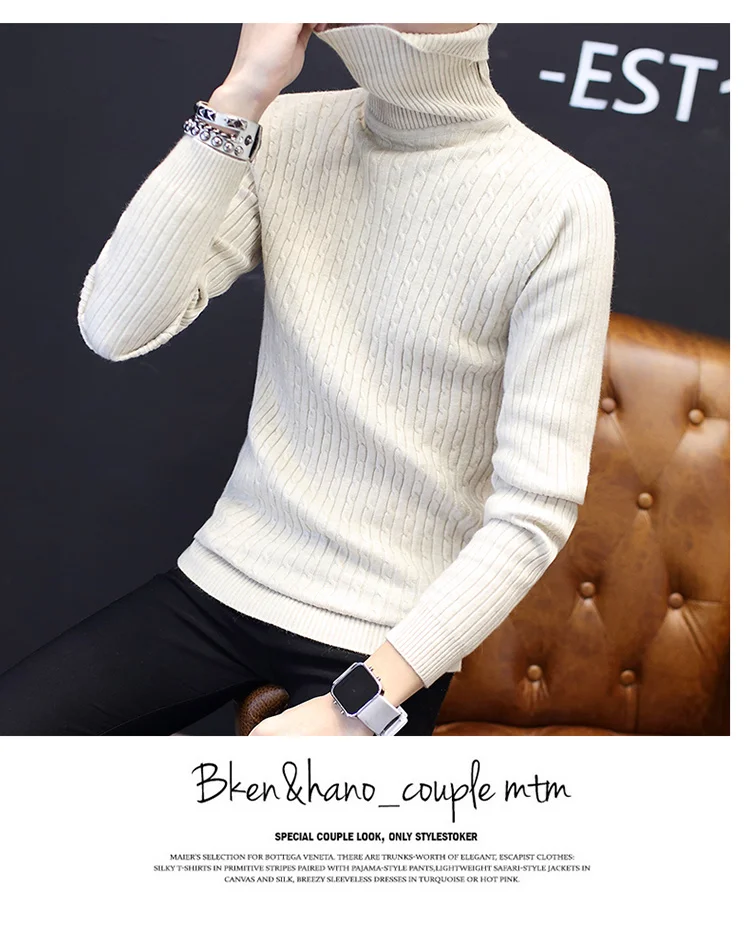 Winter Thick Warm Sweater Men Turtleneck Irregular Stripe Sweaters Slim Fit Pullover Hombre Knitwear Pull White S-2XL