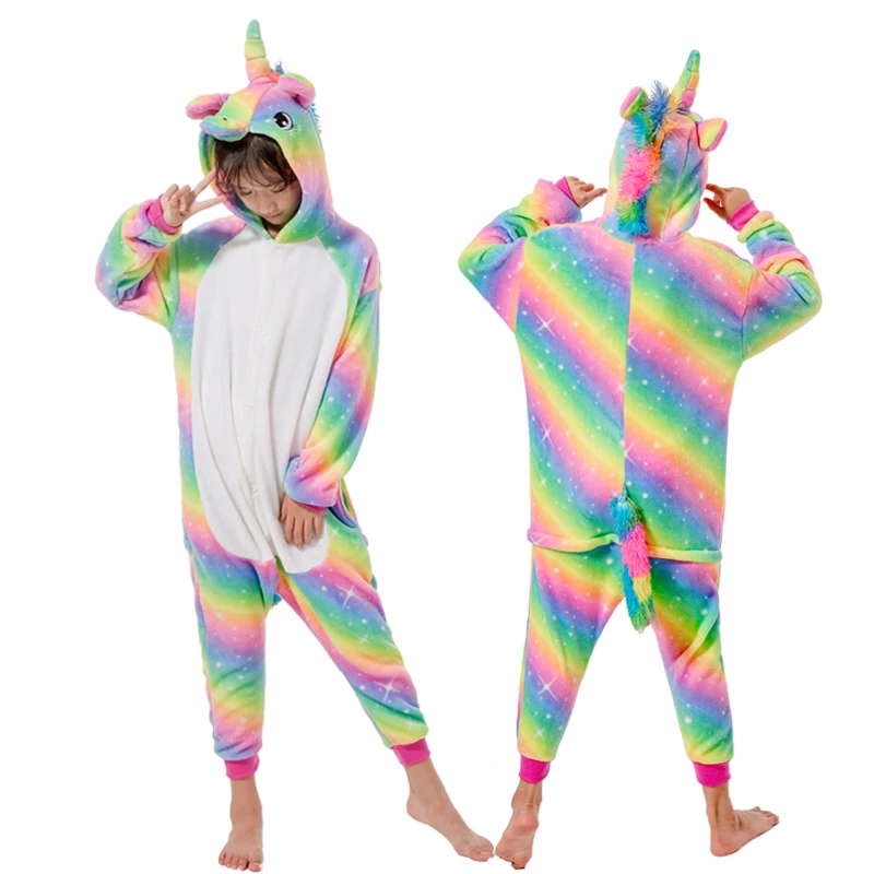 Новая Пижама с единорогом, комбинезон для детей, кигуруми, панда, зимняя теплая Пижама, кигуруми, детская ночная рубашка, стежка, единорог, одежда для сна, комбинезоны - Цвет: Rainbow