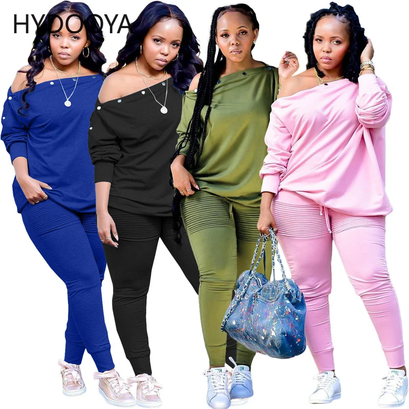 Buttons Decoretion Slash Neck Casual Two Piece Pant Suits Women's Sets Long Sleeve Loose T-shirt+ruched Trouser Suits Sportswear