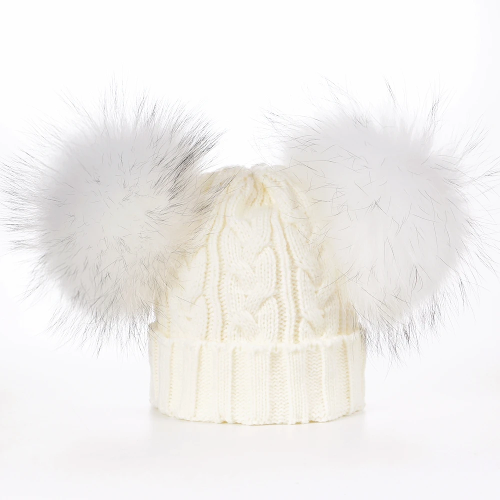 15 CM POM POM Милая шапка с черепом и помпонами из натурального меха для мальчиков и девочек, детская зимняя теплая Шапка-бини - Цвет: 15 CM POM POM