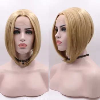 

Bombshell Gold 13*3 Synthetic Lace Mesh Front Wig Short Straight Bob Wig No Rubber Heat Resistant Fiber Daily Ladies Wig