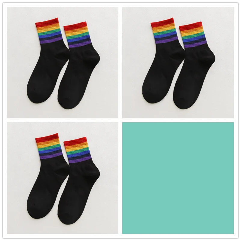 3 pairs 3 пар/упак. унисекс полосатые средние женские носки цветные забавные зимние носки женские 100 Хлопок Kawaii Радужный цвет размер 35-42 - Цвет: 3 pairs