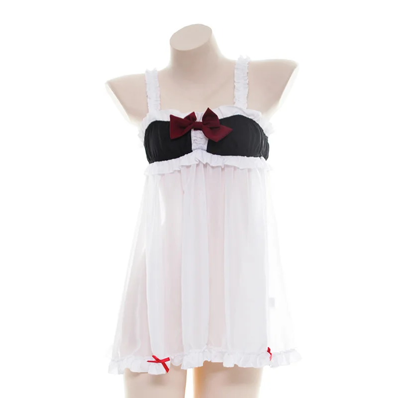 1pc white Японская Лолита Сексуальная женская пижама лук девушка горничной Шифоновые бретельки платье жилет Kawaii Harajuku ночная рубашка для девочек нижнее белье боди - Цвет: 1pc white