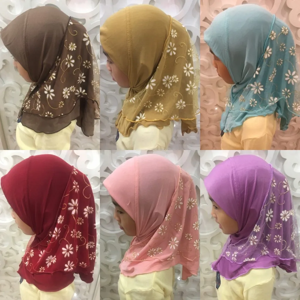 Beautiful Small Girl Al Amira Hijab with Flowers Fit 2-7 Years Old Muslim Kids Pull On Islamic Scarf Headscarf muslim headwear head scarf hijab headscarf