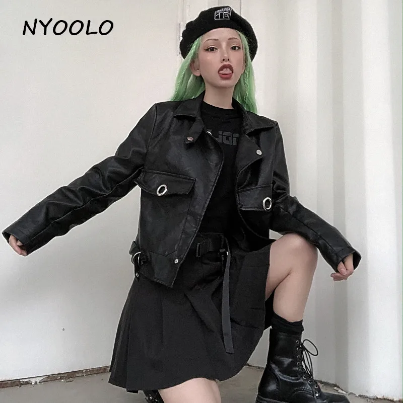 NYOOLO Harajuku стиль кольцо большой карман панк куртка из искусственной кожи Повседневная Уличная тонкая короткая мотоциклетная куртка на молнии женская верхняя одежда
