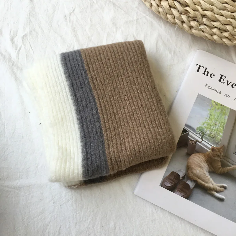 autumn and winter new children's scarf vertical strip color knitted long scarf baby warm scarf - Цвет: Khaki