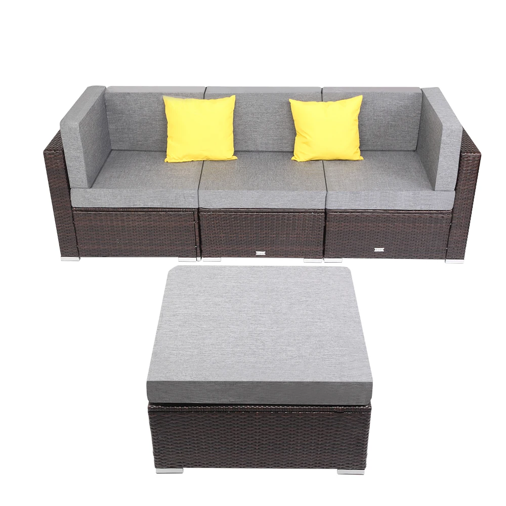 

4PCS Outdoor Rattan Wicker Conversation Furniture Set, All Weather Glass Coffee Table Rattan Garden Sofa Set Sectional Couch