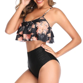 

Women’s Ruffle Swimsuit Black Two Pieces Double Ruffle Top High Waisted Pleated Camisole Vest Swimwear Sexy Sweet Bathing Suit