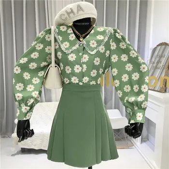 

Vintage Daisy Print Shirt Women 2020 Lantern Sleeve Print Turn-down Collar Fashion Casual Shirts Stylish Female Blouses green