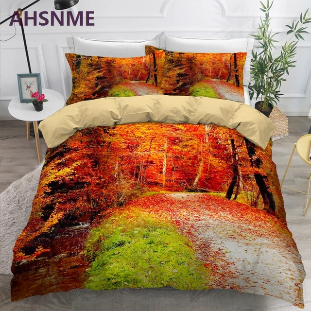 AHSNME Autumn Red Deep Forest Prairie Bedding Set