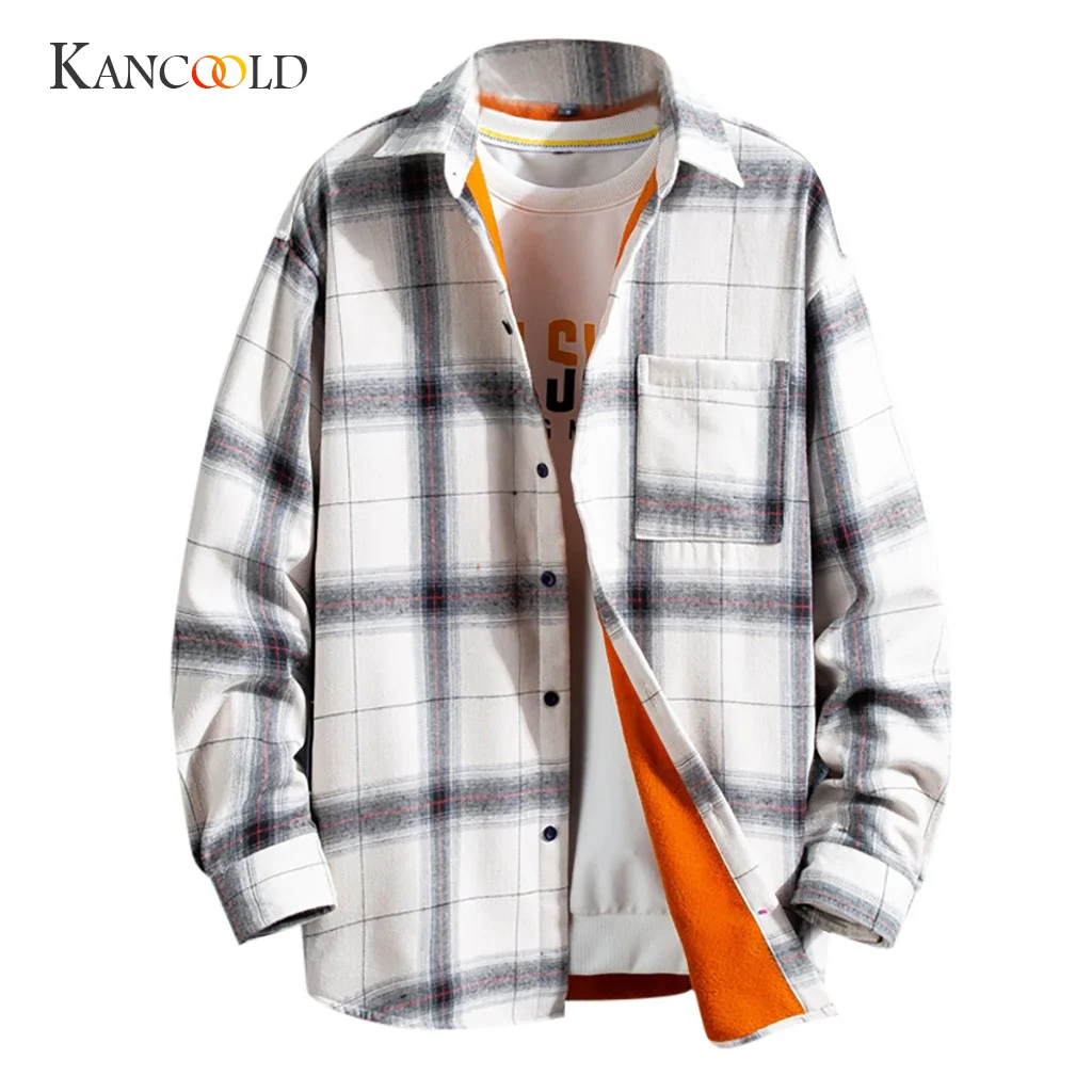 KANCOOLD, мужские повседневные рубашки, утолщенные и кашемировые, в клетку, обычный полиэстер, модные мужские рубашки с длинным рукавом, высокое качество, Dec18