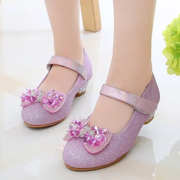 

Fashion Rhinestone Bow Girls High Heels Shoes For 9 To 10 Year Old Little Girls Dress Kids Party School Princess Leather Shoes