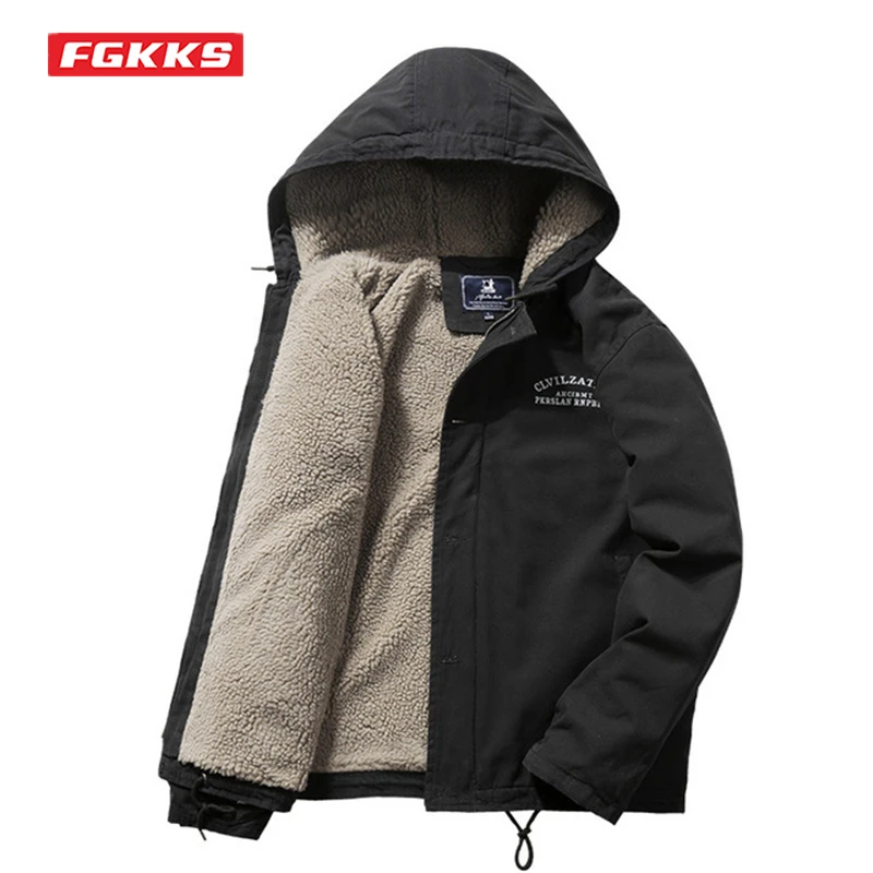 

FGKKS Winter Men's Fashion Thick Jacket Coat Plus Velvet Padded Safari Style Parka Streetwear Loose Casual Warm Jacket Male