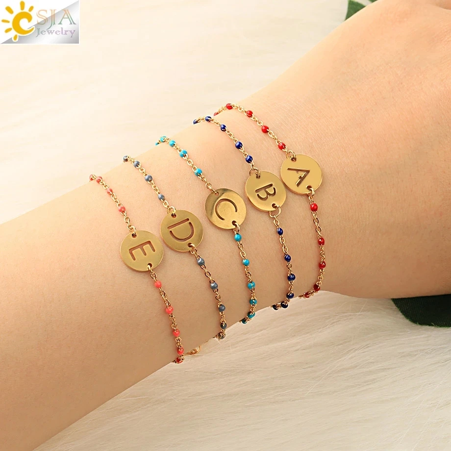 Cut Rate CSJA Gold Color Stainless Steel Bracelet for Women Beaded Beads Initial Letter Bracelets llKVEa67m