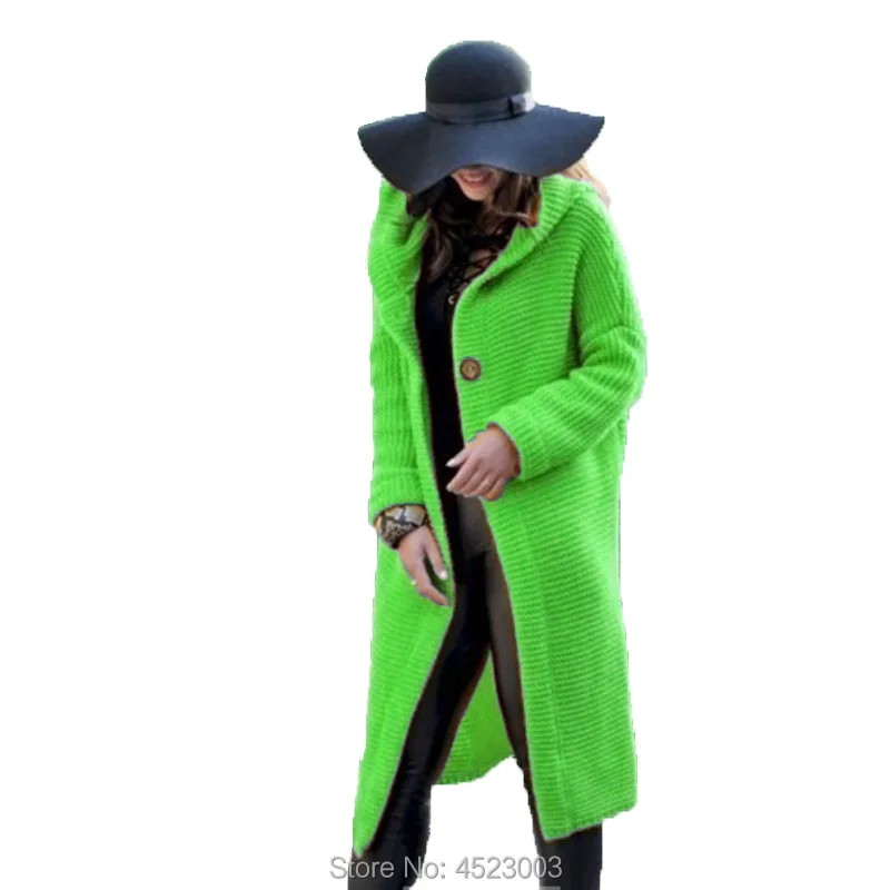 Fluorescent Green Женский кашемировый длинный кардиган с капюшоном, вязаный зимний свитер, женский свитер с карманами, кардиган, пальто - Цвет: Fluorescent Green