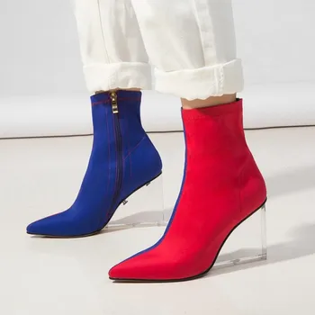 

Womens Pointy Toe Suede Leather Match Colors Ankle Boots Wedge High Clear Transparent Heel Shoes 3Styles