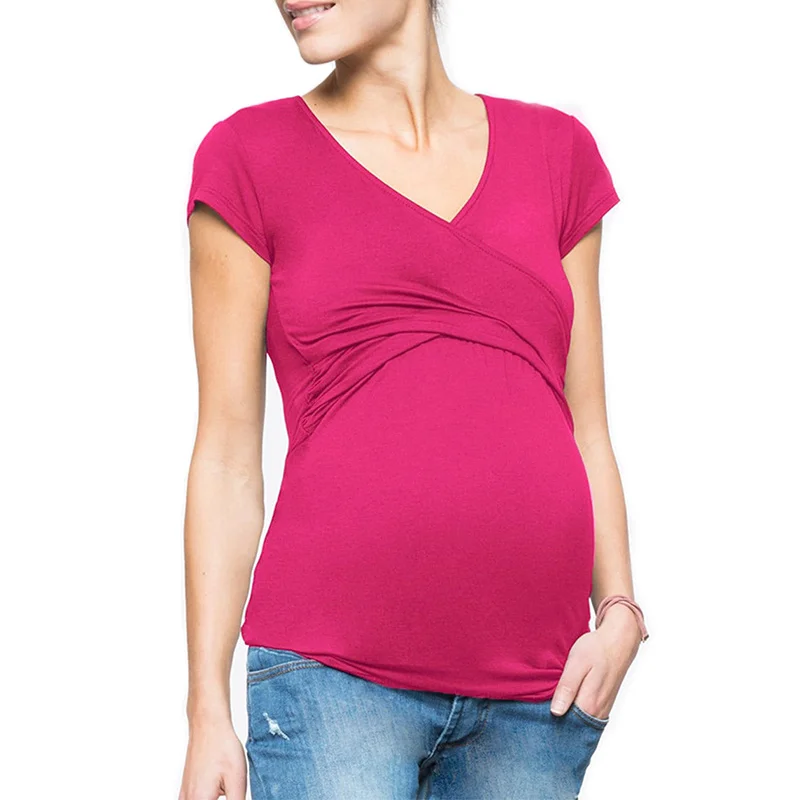 

Maternity Nursing T-Shirt Double Layer v-neck Women Pregnant Breastfeeding clothing for pregnant women Short Sleeve Tops Tees