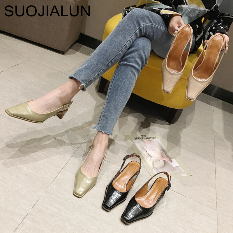  SUOJIALUN 2020 Spring Women Sandal Pump Med Heel OL Valentine Shoes Ladies Square Toe Slip On Elega