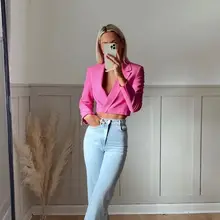 

JUNWU Summer Women's Pink Short Blazer Long Sleeve Asymmetrical Design Dark Button Suit Collar Short Top Za Sweet Street Style