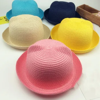 

Newly Fashion Girls Boys Straw Hats Summer Baby Sun Hat Lovely Children Solid Floppy Cat Ears Decor Cap FIF66