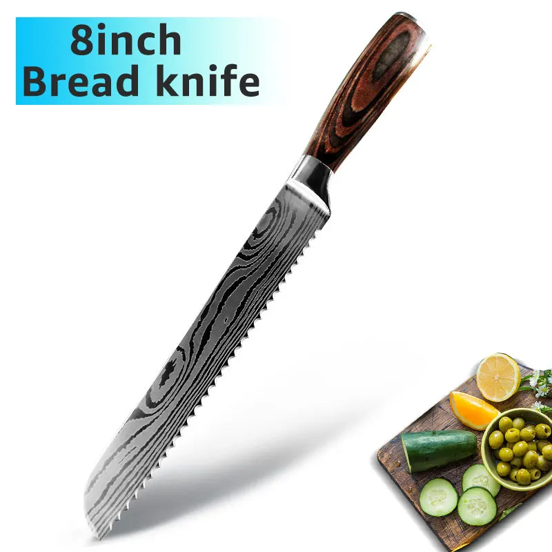 8 inch Bread knife Кухонный нож, 9 комплектов, поварские ножи, 7CR17 440C, высокоуглеродистая Нержавеющая сталь, дамасский рисунок, Gyuto, Кливер, набор, слайсер, нож сантоку - Цвет: 8 inch Bread knife