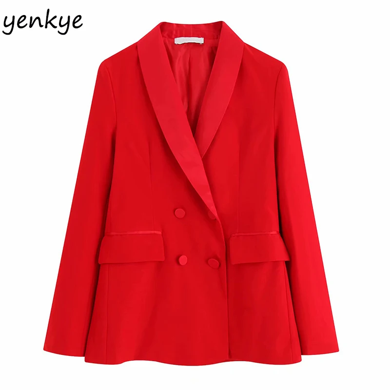 

2019 Women Party Elegant Red Blazer Mujer Long Sleeve Notched Neck Double-breasted Autumn Suits blaser feminino