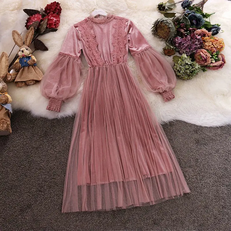 Новинка зимы 2019 женское бархатное плиссированное платье с круглым вырезом и