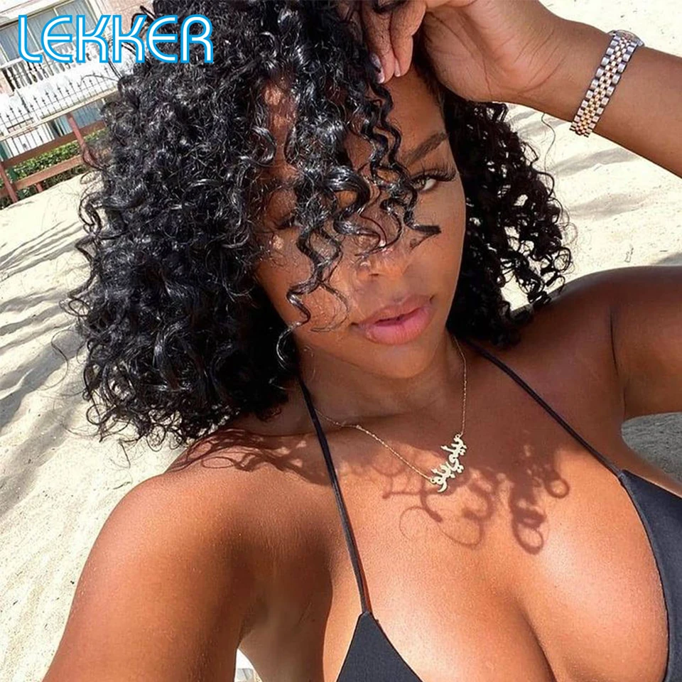 Lekker Short Afro Kinky Curly Bob Human Hair Lace Front Wig For Women Brazilian Remy Natural Black Pre Plucked Glueless Full Wig