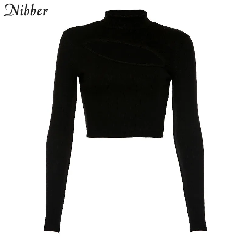 Nibber, осенняя мода, полый чистый вязаный короткий топ, Женские базовые футболки с длинным рукавом,, элегантные тонкие топы, женские футболки для отдыха