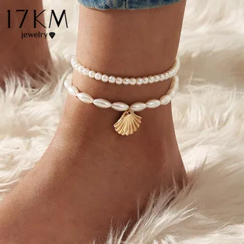 

17KM Fashion Multilayer Crystal Pearl Anklets Set for Women Colorful Stone Shell Chain Anklet Beach Foot Bracelet Jewelry