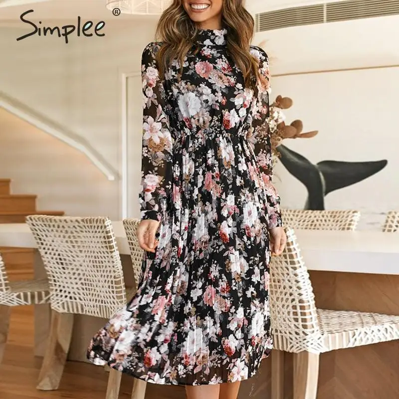 Goede Simplee Sexy bloemenprint maxi jurk Elegante kantoor dame stand kraag lange party dress Ruches herfst losse lange mouw jurk