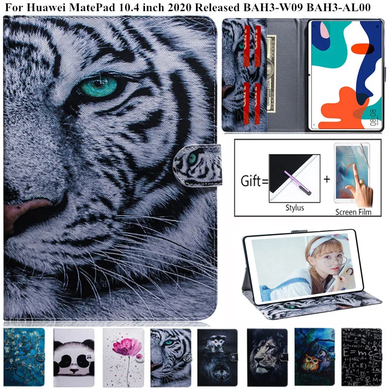 

For Huawei MatePad 10.4 10 4 Case Cover BAH3-W09 AL00 Tiger Lion Painted PU Leather Stand for Huawei Mate Pad Tablet + Stylus
