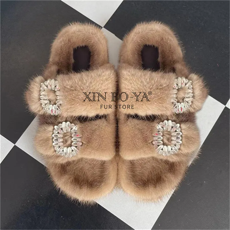 Women Summer Furry Mink Fur Slippers Flat Non-slip Solid Real Fur Slides Fluffy Slippers Ladies Shoes Woman Outdoor Slipper