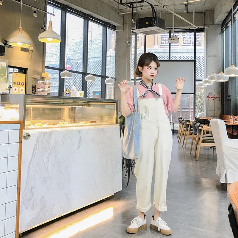 Комбинезоны для женщин с буквенным принтом фиолетовый Harajuku простой в Корейском стиле студенческие женские Комбинезоны свободные Kawaii повседневные до середины икры шик