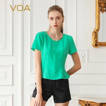 

VOA silk top round collar sleeve short sleeve body thin silk silk silk conventional T-shirt female B709