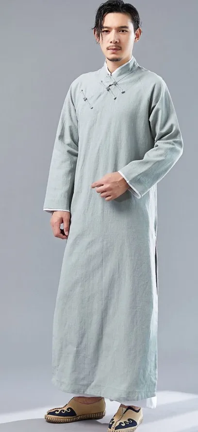 bean green Китайская традиционная Мужская рубашка из хлопка и льна Hanfu длинное платье Qipao Мужской винтажный костюм Тан Восточный Костюм - Цвет: bean green
