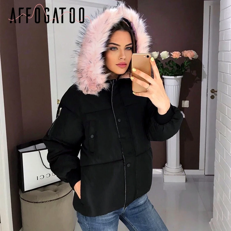 Черный Afogafoo Повседневная Свободная теплая меховая женская парка с капюшоном осенне-зимняя женская стеганая куртка оверсайз Толстая Женская Верхняя одежда куртка плюс размер - Цвет: Черный